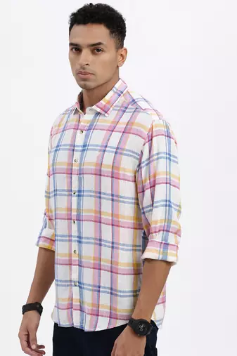 men's white checked slim fit shirt