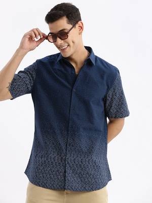 men's short sleeves micro print slim fit navy blue shirt 1