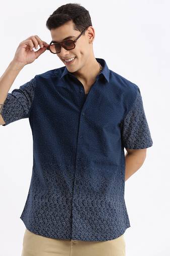 men's short sleeves micro print slim fit navy blue shirt