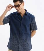 men's short sleeves micro print slim fit navy blue shirt