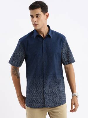 men's short sleeves micro print slim fit navy blue shirt 2