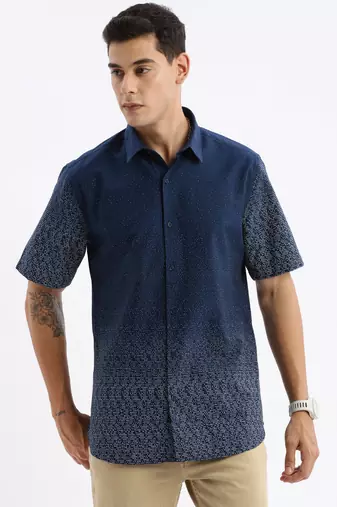 men's short sleeves micro print slim fit navy blue shirt