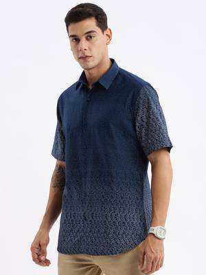 men's short sleeves micro print slim fit navy blue shirt 3
