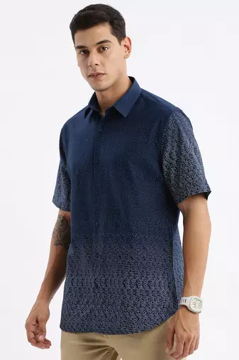 men's short sleeves micro print slim fit navy blue shirt