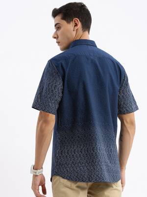men's short sleeves micro print slim fit navy blue shirt 4