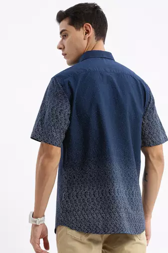 men's short sleeves micro print slim fit navy blue shirt