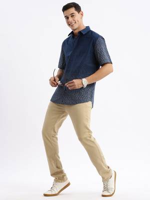 men's short sleeves micro print slim fit navy blue shirt 5