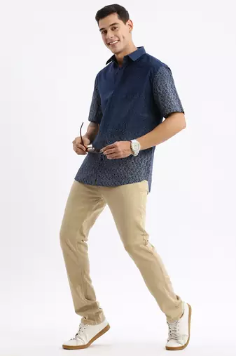 men's short sleeves micro print slim fit navy blue shirt