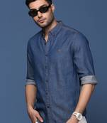 men's collared solid navy blue slim fit shirt