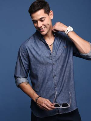 men's collared solid navy blue slim fit shirt 1