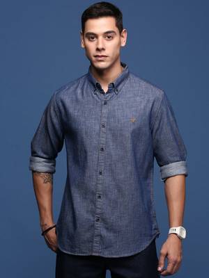 men's collared solid navy blue slim fit shirt 2