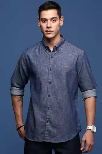 men's collared solid navy blue slim fit shirt