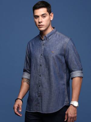 men's collared solid navy blue slim fit shirt 3