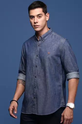men's collared solid navy blue slim fit shirt