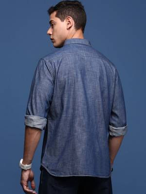 men's collared solid navy blue slim fit shirt 4
