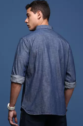 men's collared solid navy blue slim fit shirt