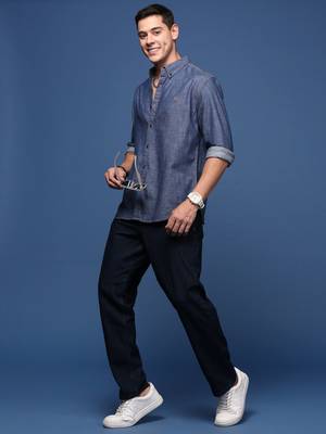 men's collared solid navy blue slim fit shirt 5