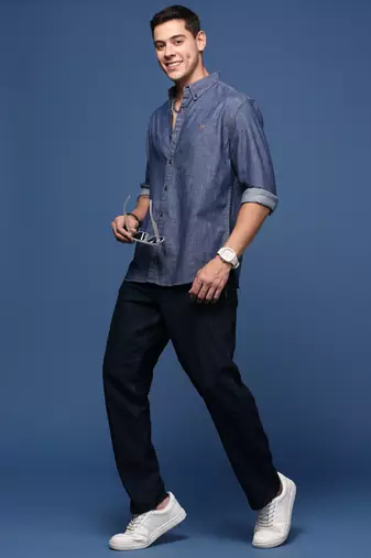 men's collared solid navy blue slim fit shirt