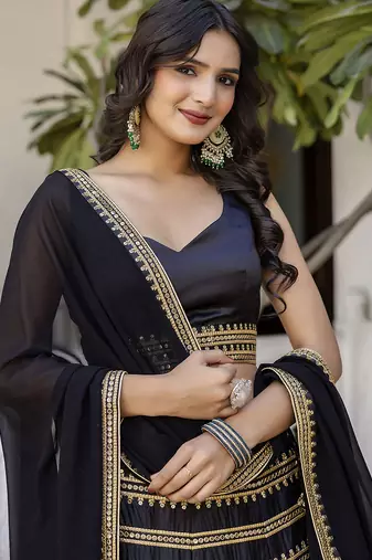 Black Silk Lehenga Choli with Embroidery and Georgette Dupatta