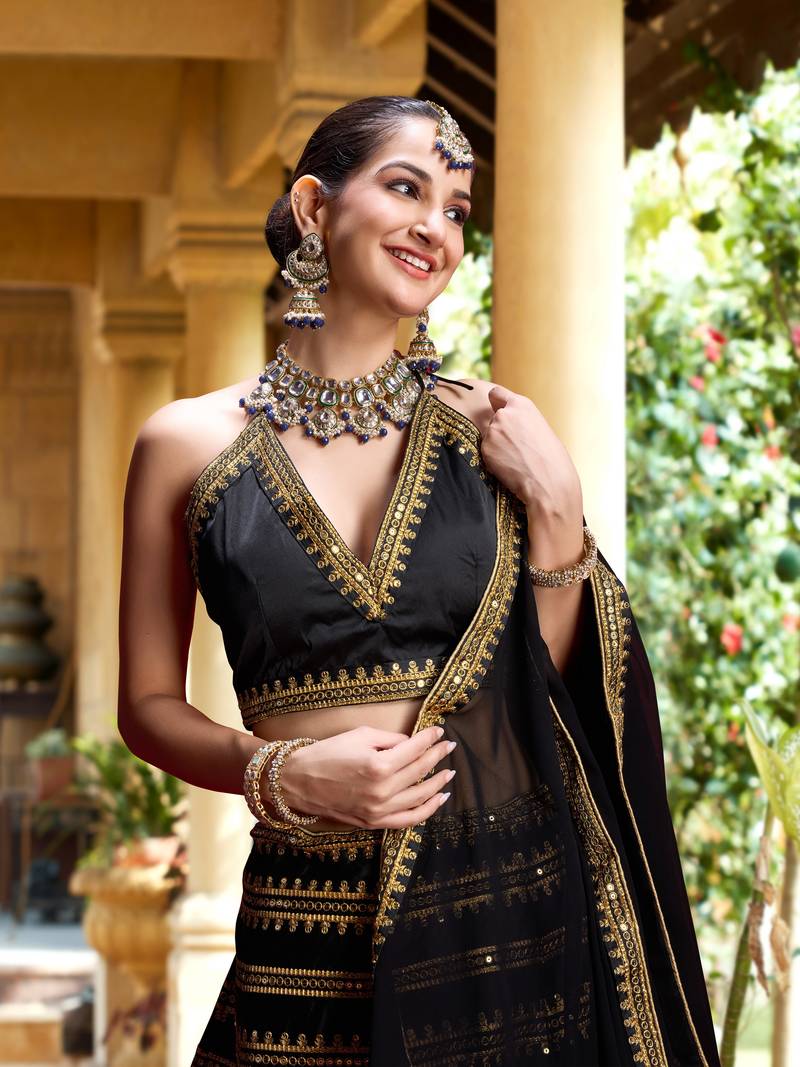 Black Silk Lehenga Choli with Embroidery and Georgette Dupatta
