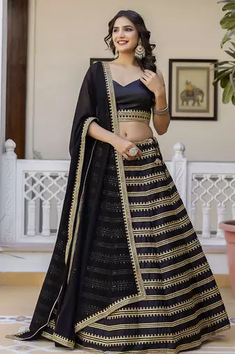 Black Silk Lehenga Choli with Embroidery and Georgette Dupatta