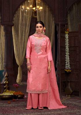 Light pink organza silk hand work full stitched plus size suits 1