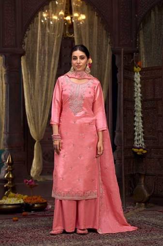 Light pink organza silk hand work full stitched plus size suits