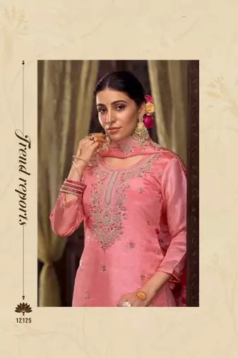 Light pink organza silk hand work full stitched plus size suits