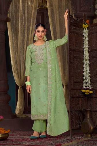 Parrot green organza silk hand work full stitched plus size suits