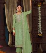 Parrot green organza silk hand work full stitched plus size suits