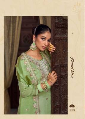 Parrot green organza silk hand work full stitched plus size suits 2