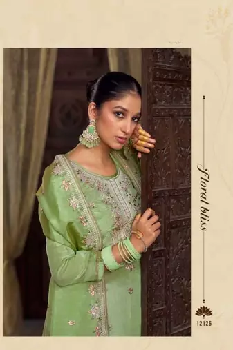 Parrot green organza silk hand work full stitched plus size suits