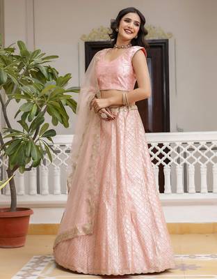 TPink Satin Embroidery Sequence Work Semi-Stitched Lehenga Choli with Net Dupatta For Women 5
