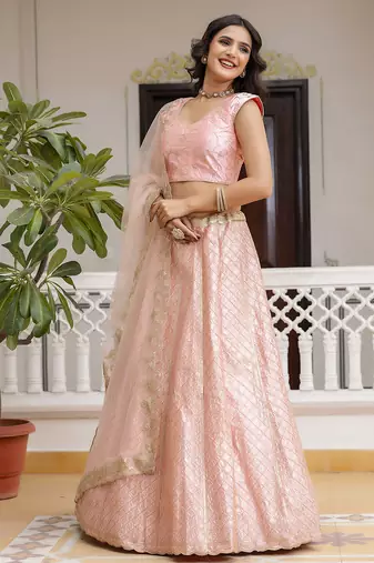 TPink Satin Embroidery Sequence Work Semi-Stitched Lehenga Choli with Net Dupatta For Women