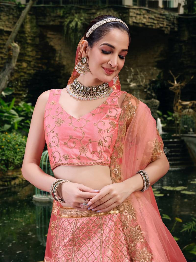 Pink Satin Embroidery Sequence Work Semi-Stitched Lehenga Choli with Net Dupatta For Women