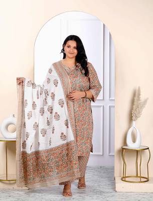 Womens plus size brown printed cotton straight kurta and palazzo with dupatta set 1
