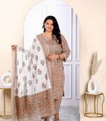 Womens plus size brown printed cotton straight kurta and palazzo with dupatta set