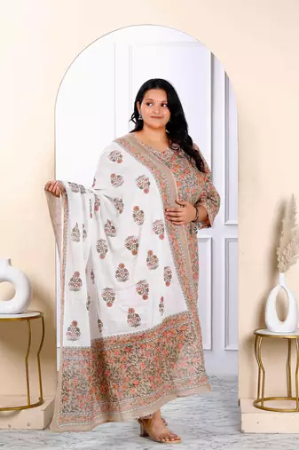 Womens plus size brown printed cotton straight kurta and palazzo with dupatta set