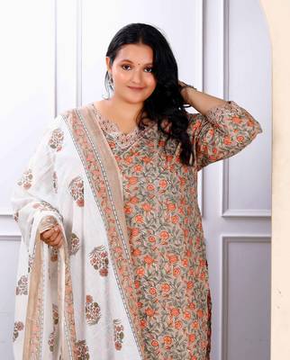 Womens plus size brown printed cotton straight kurta and palazzo with dupatta set 3