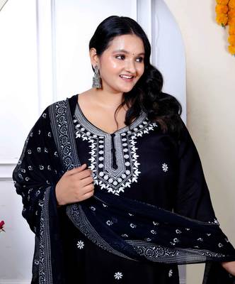 Womens plus size chikankari embroidery black straight kurta palazzo with dupatta 3