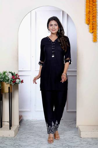Womens solid black rayon co-ord set
