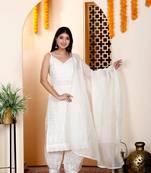 Womens cream chikan embroidered kurti with patiala and dupatta set