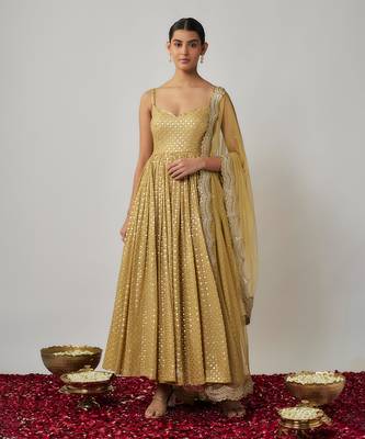 Champagne gold sequin embroidered georgette anarkali suit set 1