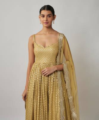 Champagne gold sequin embroidered georgette anarkali suit set 2