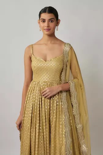 Champagne gold sequin embroidered georgette anarkali suit set
