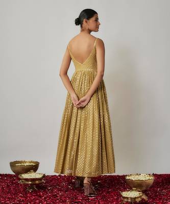 Champagne gold sequin embroidered georgette anarkali suit set 3