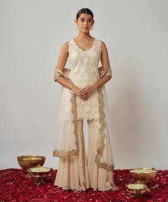 Ivory sequin and thread georgette kurta sharara set 1
