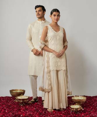 Ivory sequin and thread georgette kurta sharara set 5