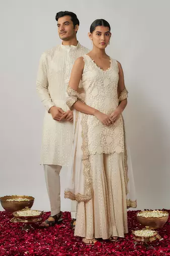 Ivory sequin and thread georgette kurta sharara set