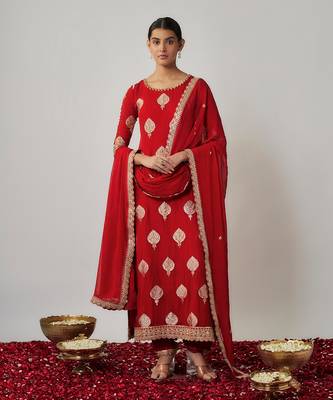 Red sindhoori red georgette benarasi kurta pants set 1